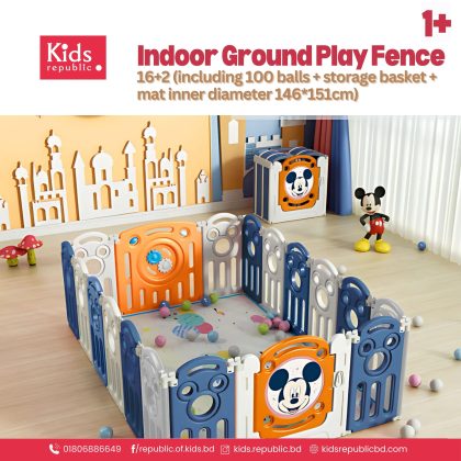 Premium Indoor Ground Play Fence | 14+2 (including 100 balls + storage basket + mat inner diameter 146*151cm)| Perfect For Home and Preschools Or Day Care Centers |